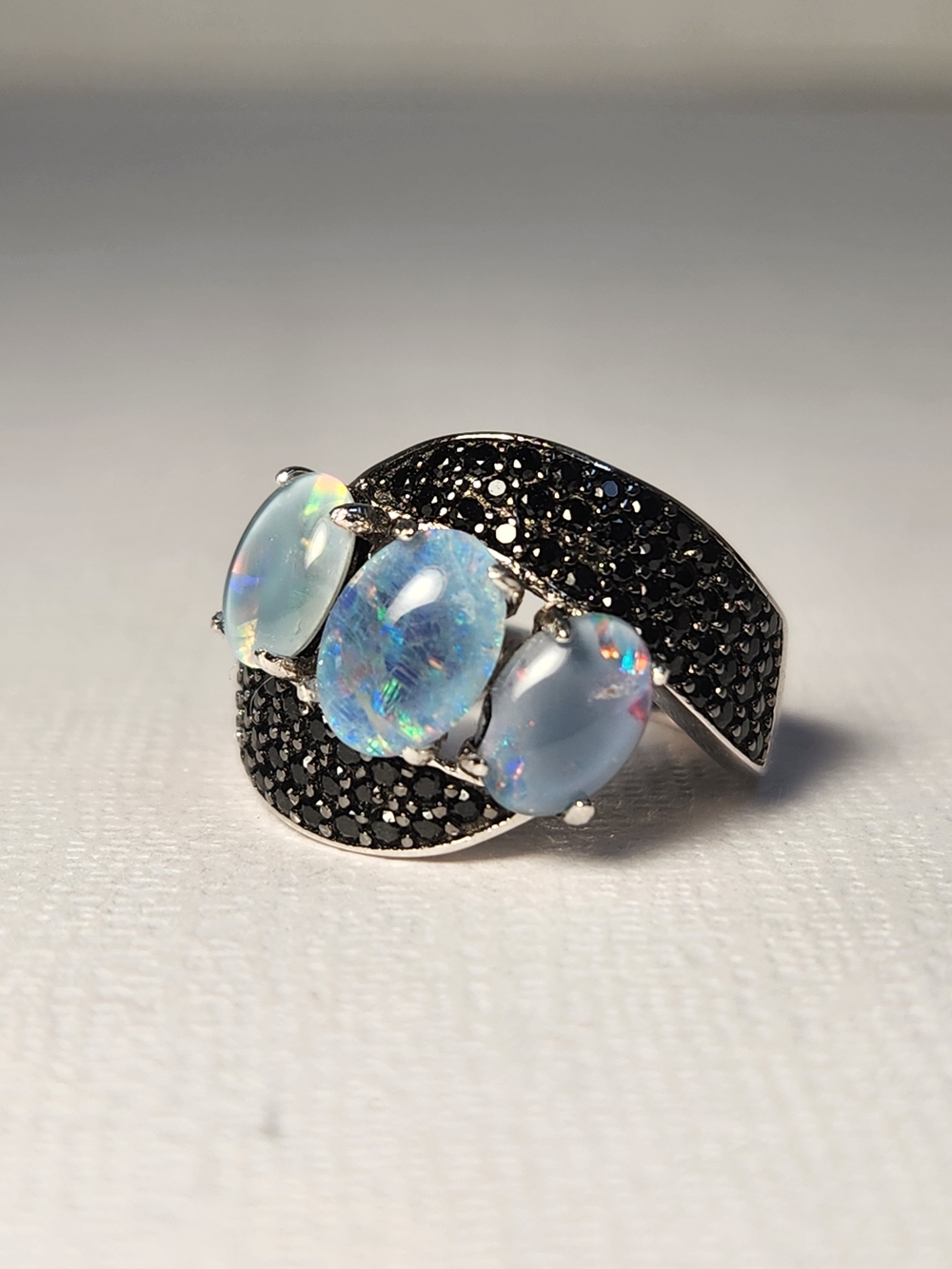 NIB VTG 925 Natural Opal Triplet Stone Black Spinel Pave Accents Ring Sz 5 - Picture 10 of 14